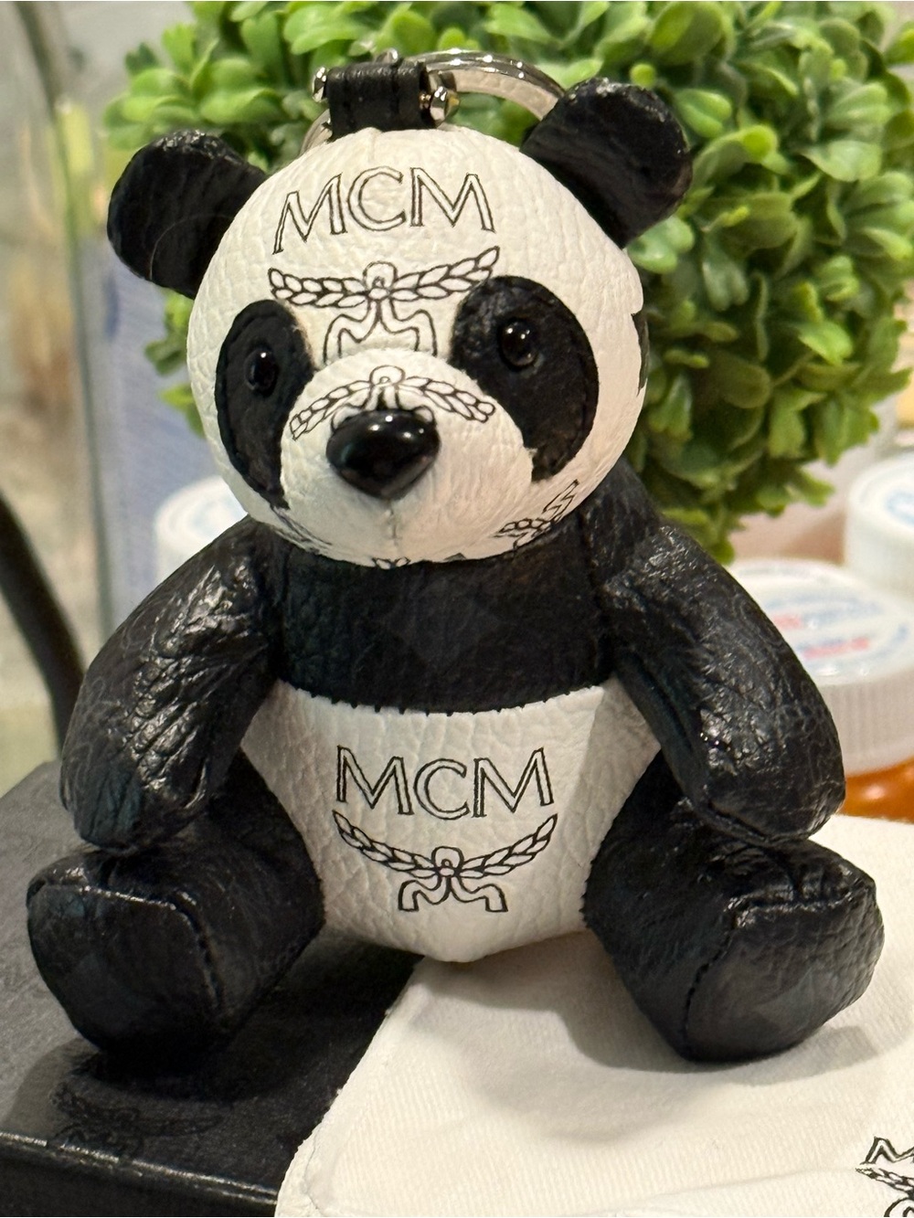 MCM Black and White Panda Leather Charm Keyring